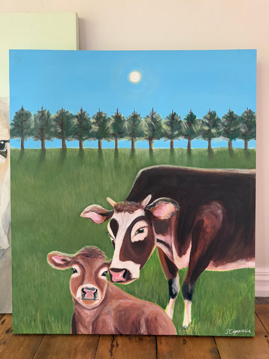 Original Painting - Mother Cow and Baby Calf - 'Soft Light, Gentle Love'